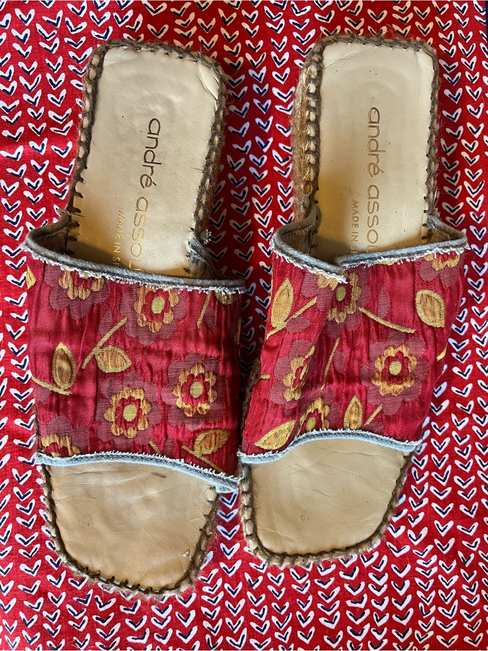 Andre Assous Red Embroidered Floral Slide Mules